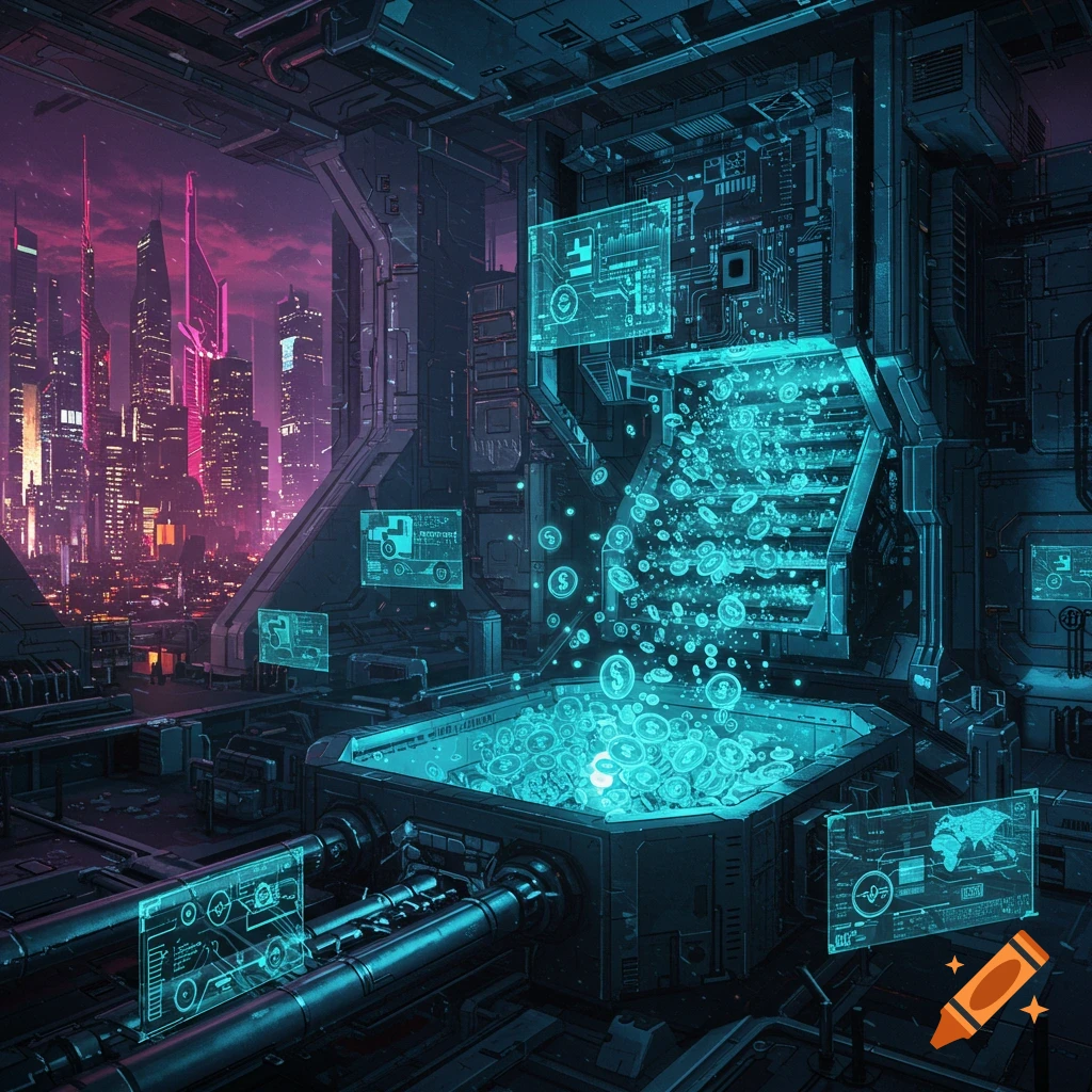 A futuristic factory processing glowing blue digital tokens with dollar signs, overflowing into a large pool, set against a cyberpunk cityscape at dusk.