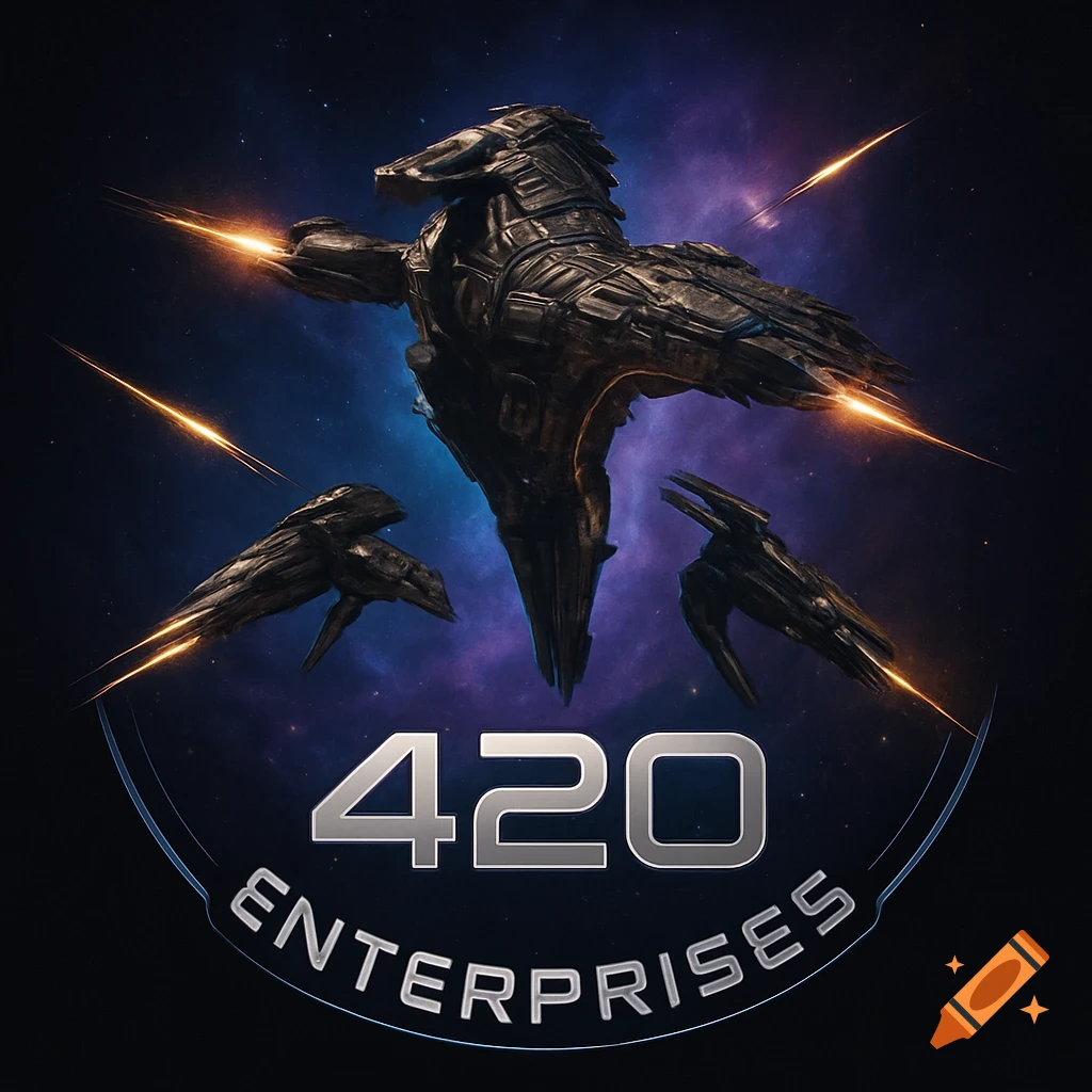 Photorealistic logo with dark spaceships firing lasers in a galaxy. Text reads "420 ENTERPRISES" at the bottom.