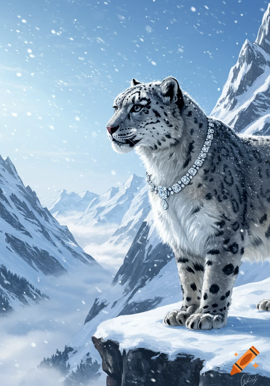A majestic snow leopard with a diamond necklace stands on a snowy mountain cliff as snow falls, overlooking a vast mountain range.