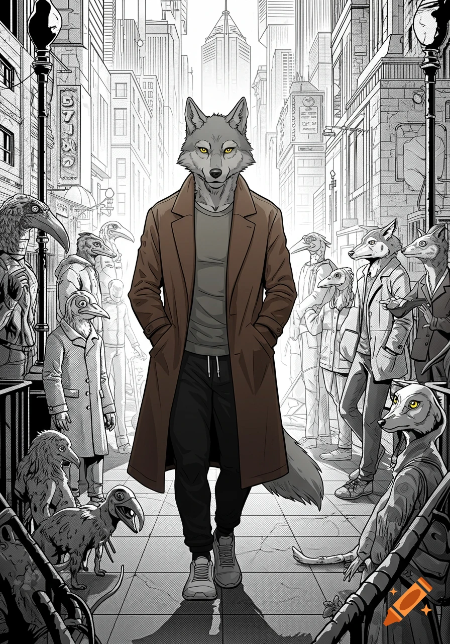An anthropomorphic wolf in a brown coat walks down a city street lined with other animal people, in a black and white manga style.