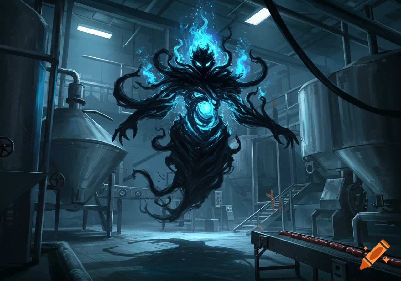 A dark, tentacled entity with glowing blue flames hovers in a moody industrial sausage plant, digital art.