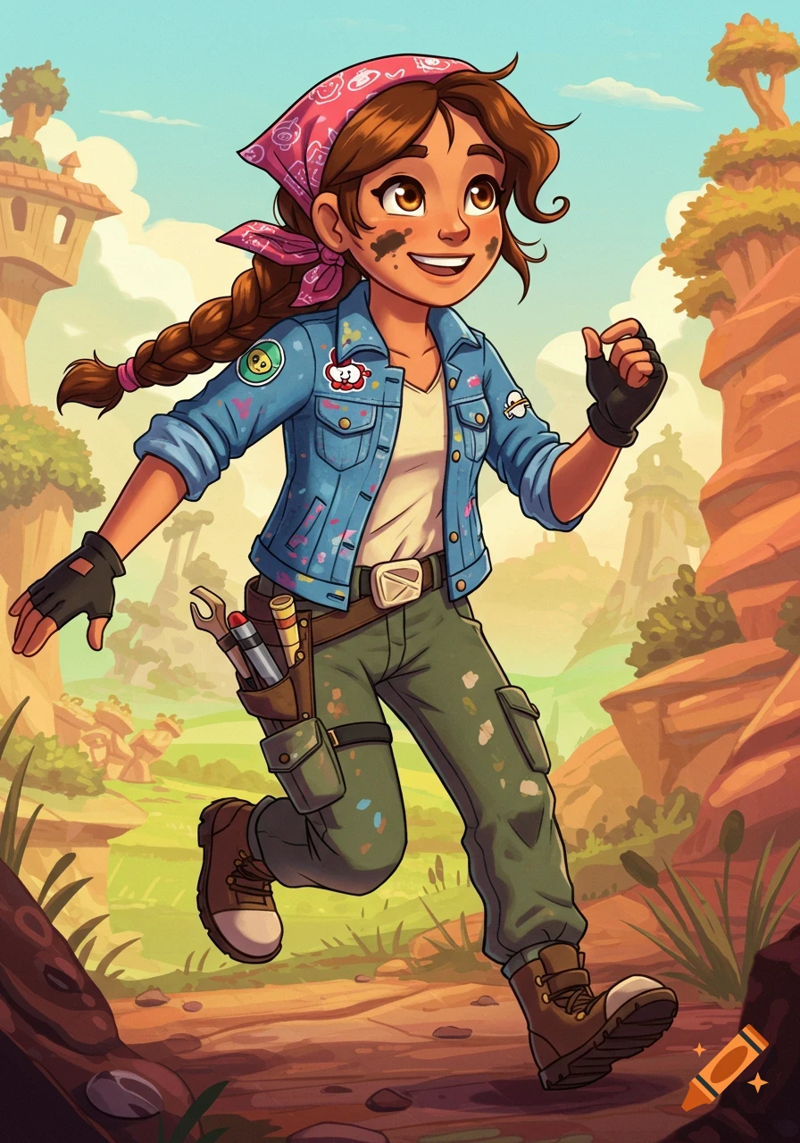 A cartoon girl with a bandana, paint-splattered denim jacket, and utility belt runs through a stylized canyon landscape.