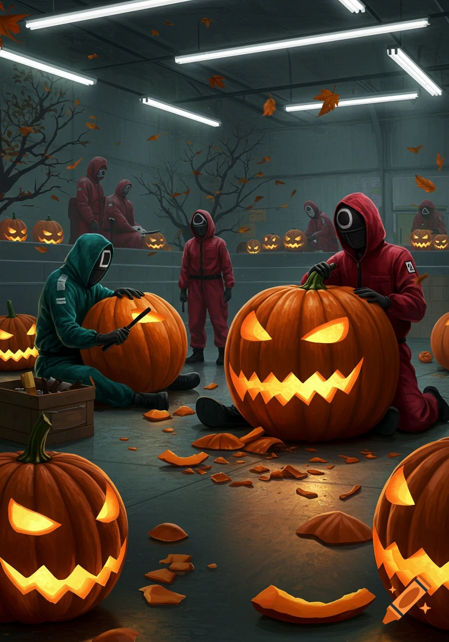 Squid Game characters in red and green suits carving jack-o'-lanterns in a large, dimly lit room with falling autumn leaves.