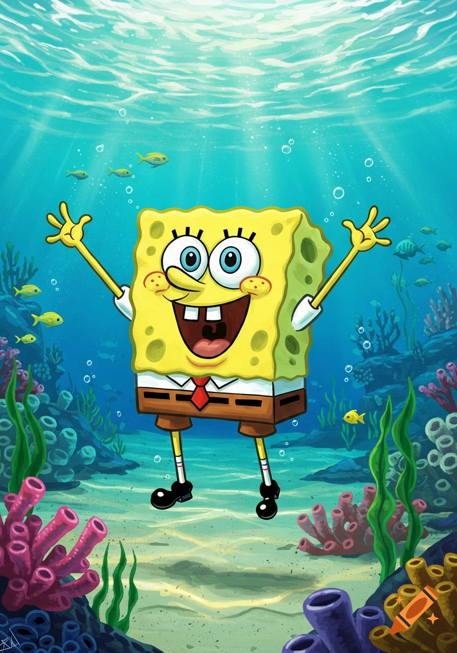 Spongebob Squarepants smiling with arms raised, standing underwater with colorful coral, plants, fish, and sunlight streaming from above.