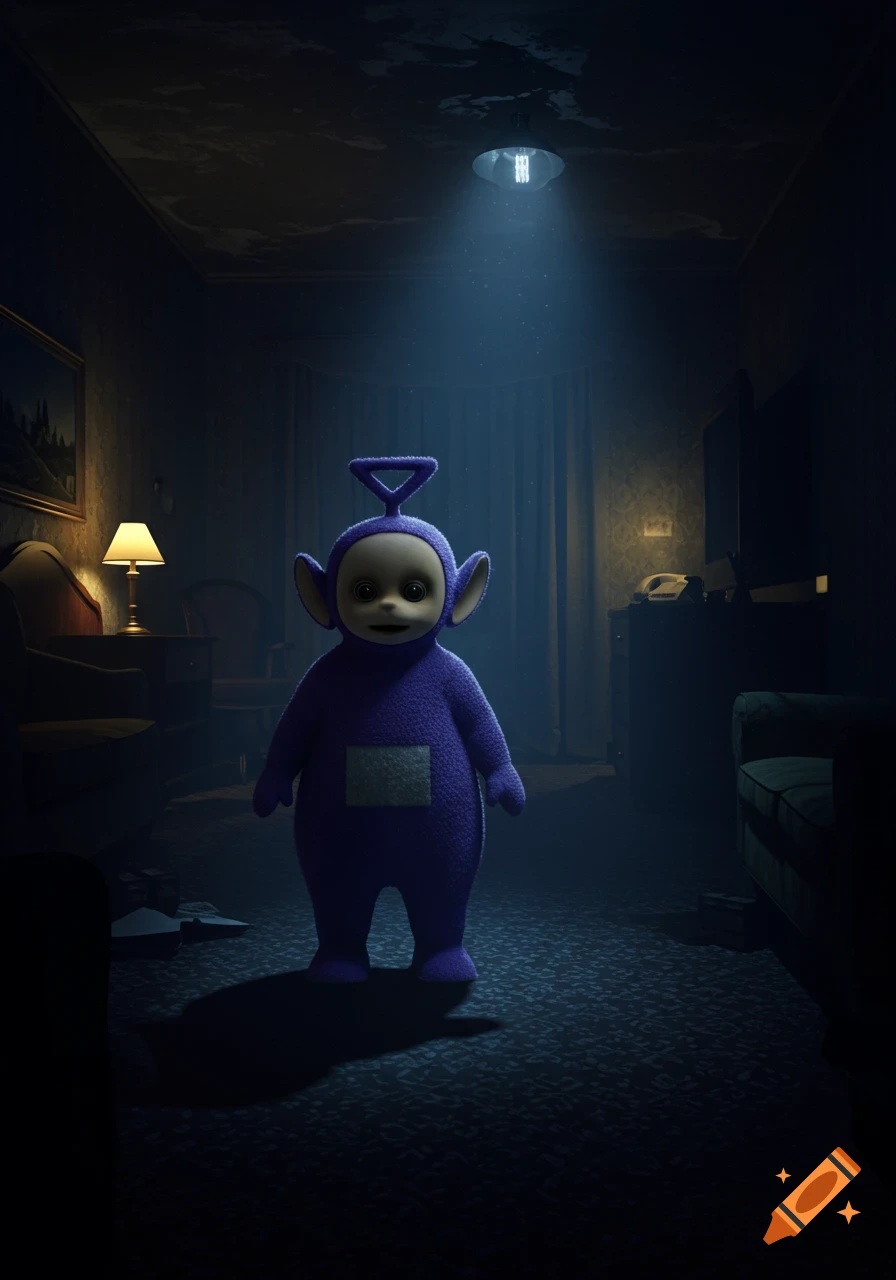 A creepy purple Teletubby (Tinky Winky) stands illuminated by a single light in a dark, eerie hotel room.