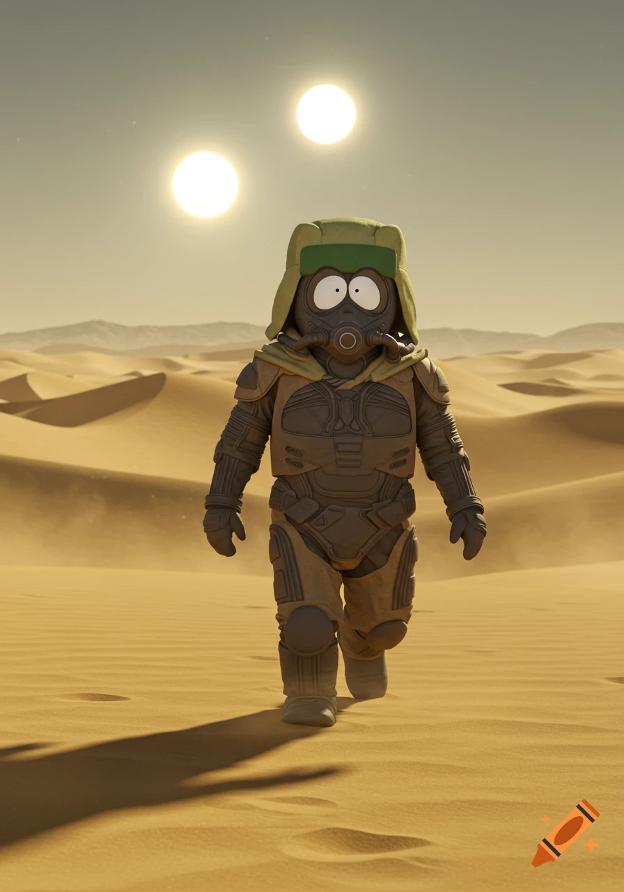 Cartman from South Park wearing a stillsuit walks across a desert under two suns.