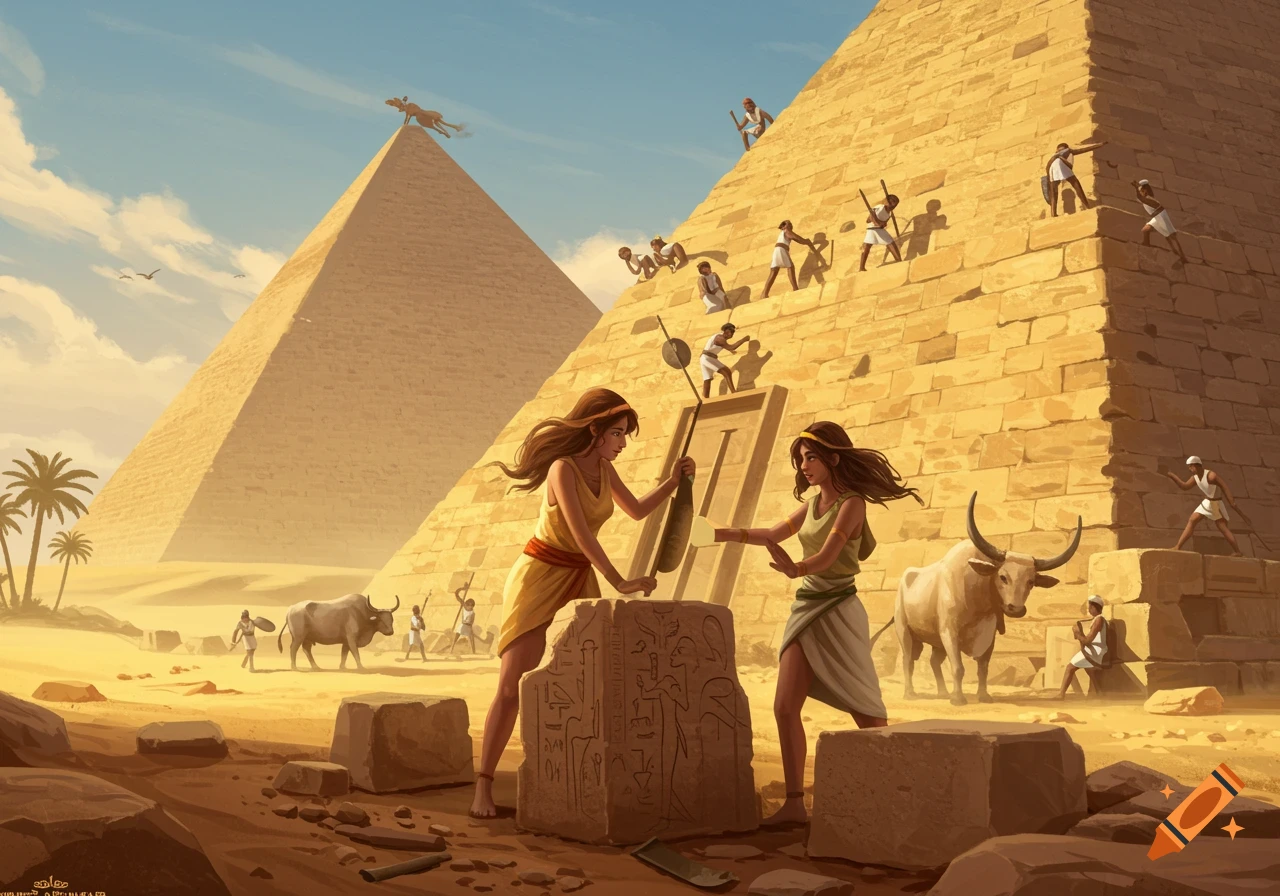 An illustration of two women building a pyramid in ancient Egypt. They are carving hieroglyphs into a stone block in the foreground, while other workers and oxen are seen around them and on the pyramid.