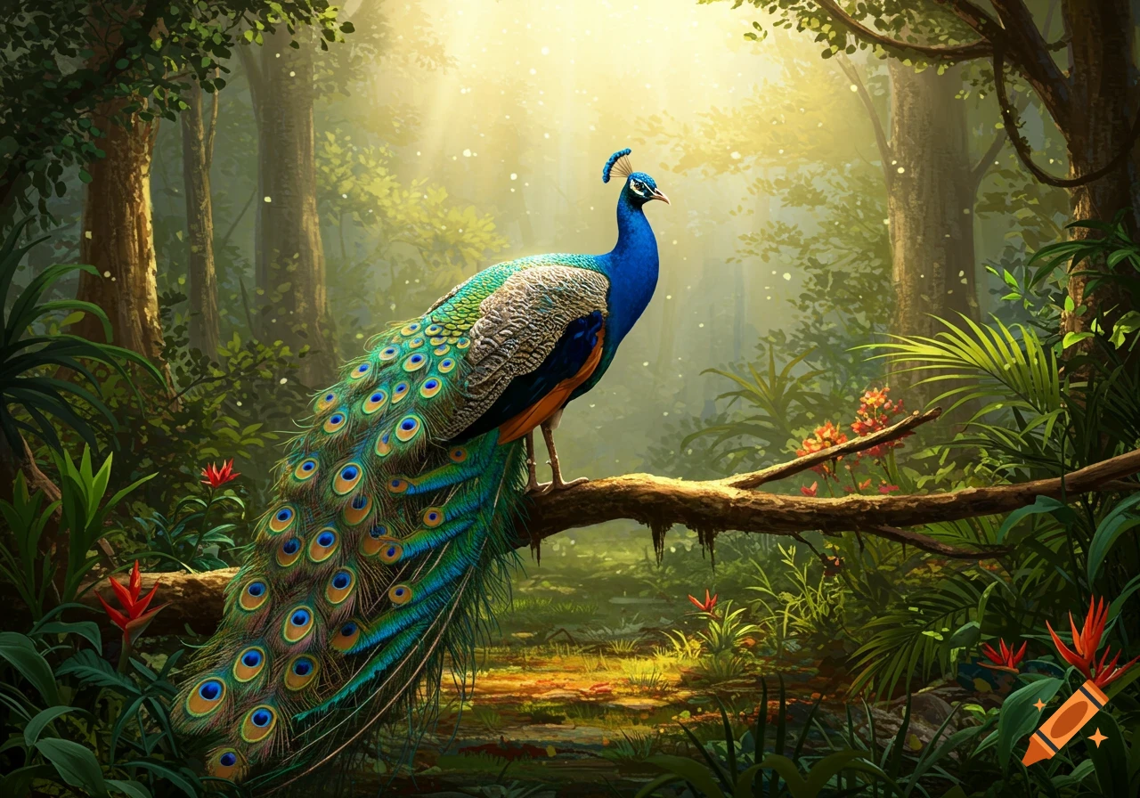 A vibrant peacock with a long, iridescent tail perches on a branch in a sunlit, green jungle.