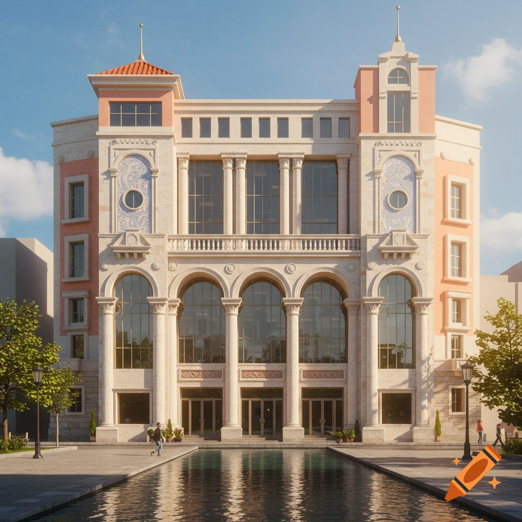 A grand postmodern building with a stone and pink facade, tall columns, and arched windows, in front of a reflective pool.