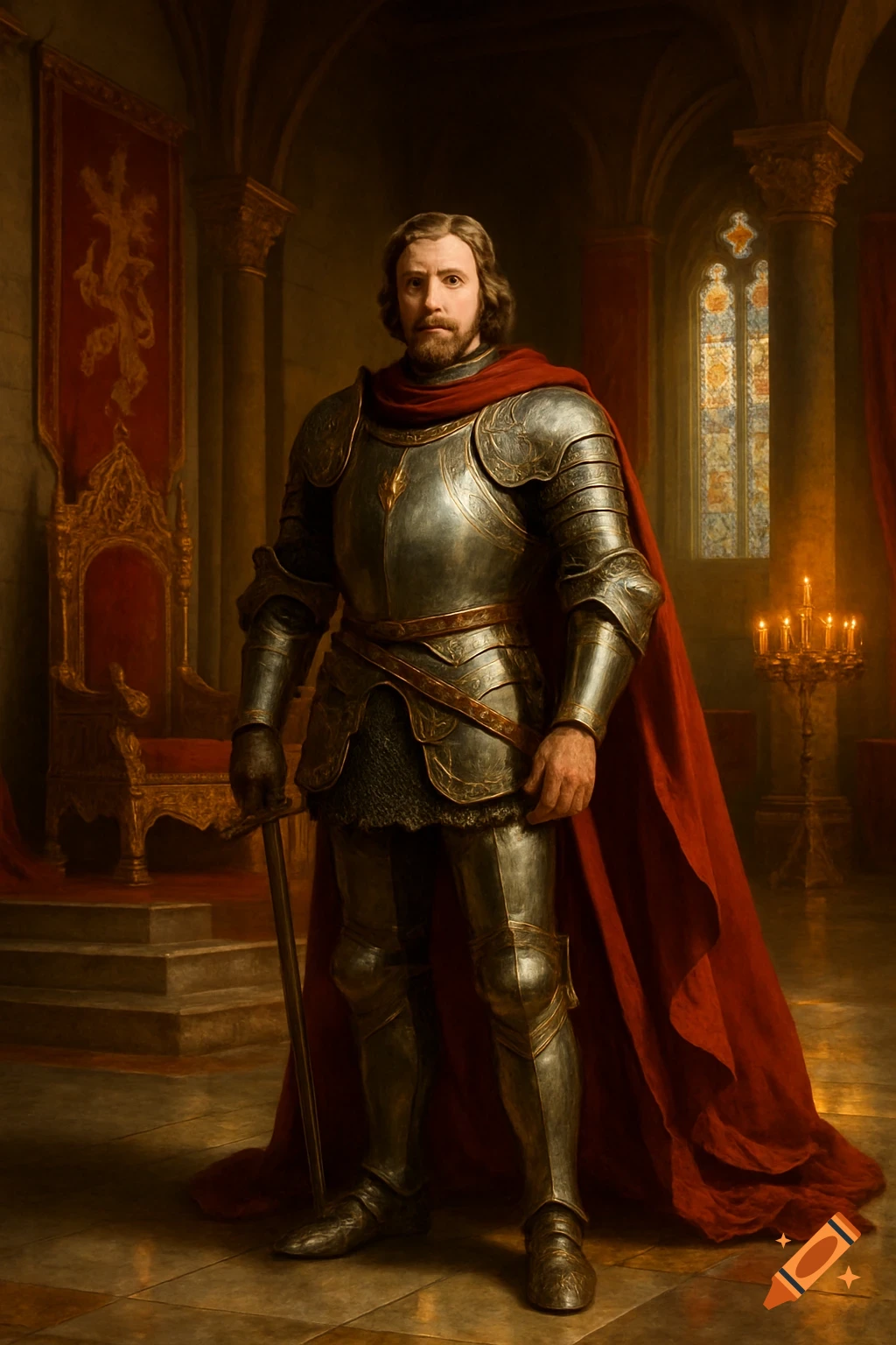 A knight in full silver armor and a red cape stands holding a sword in a grand hall with a throne and stained glass.