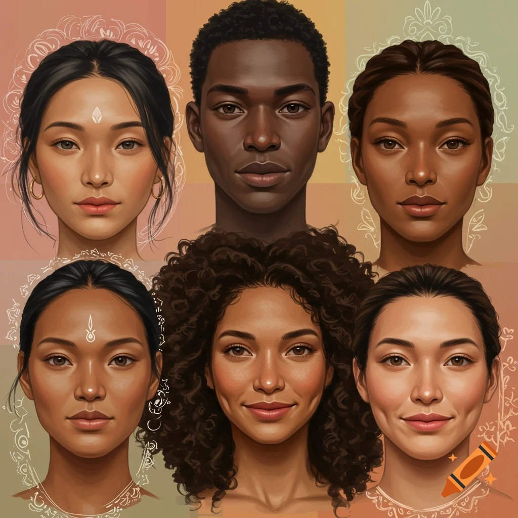 Stylized portraits of diverse people arranged in a grid with decorative backgrounds.