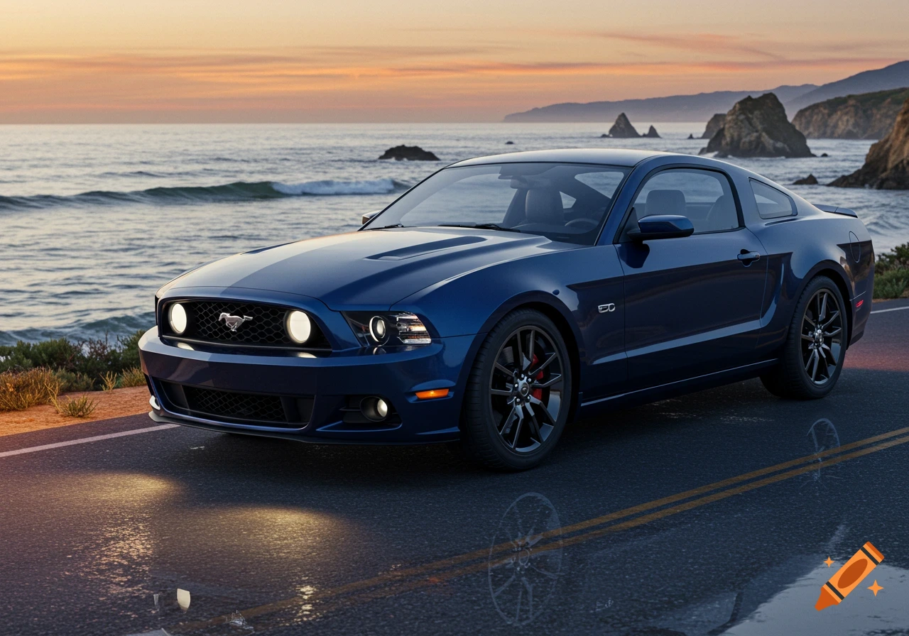 A blue 2014 Ford Mustang GT parked on a wet road beside the ocean at sunset, with rocks and mountains in the background.