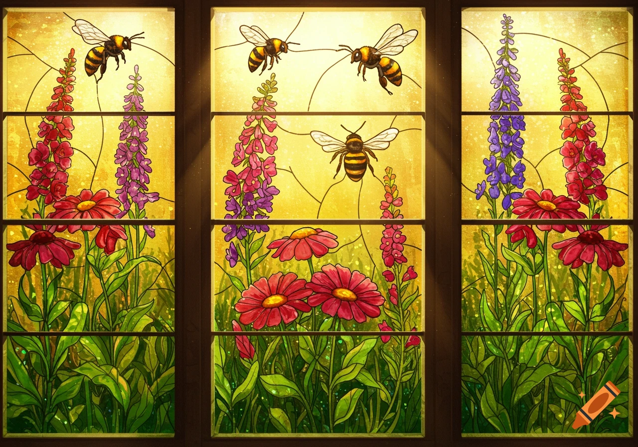 A vibrant stained glass window features three bees flying above red and purple flowers, with green leaves and a bright yellow background.