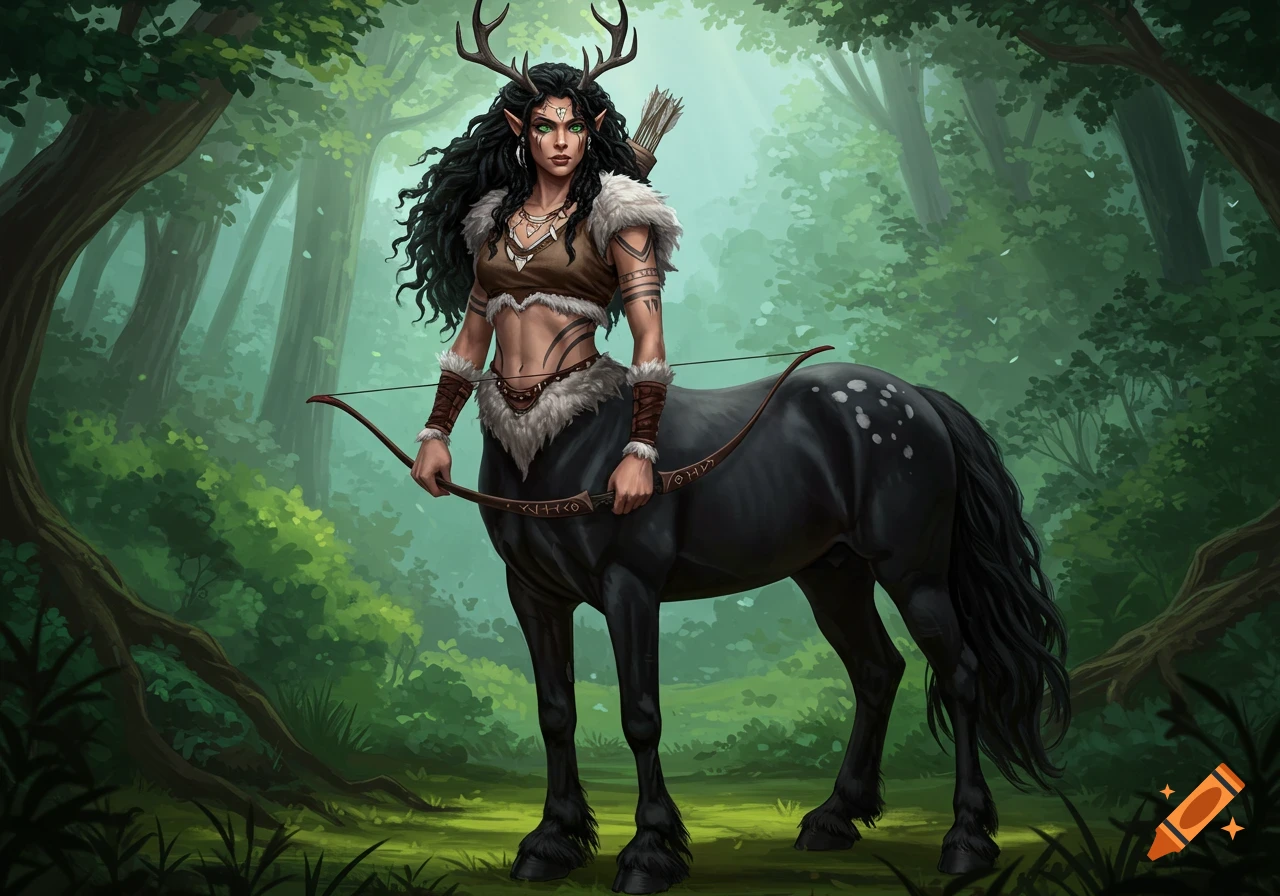 A female centaur with black hair and antlers, holding a bow in a forest.