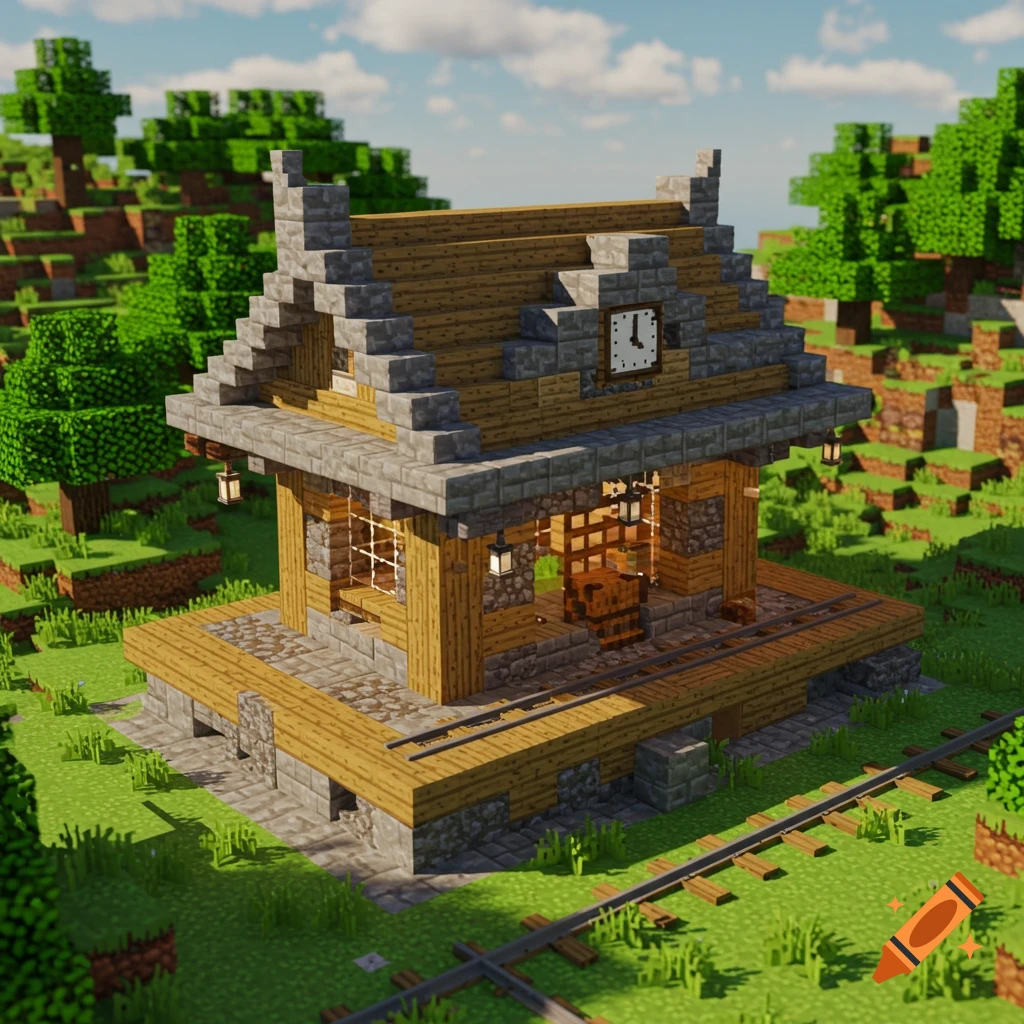 A vibrant Minecraft-style train station built with wooden planks and stone blocks, featuring a clock on the roof and railway tracks in a grassy landscape.