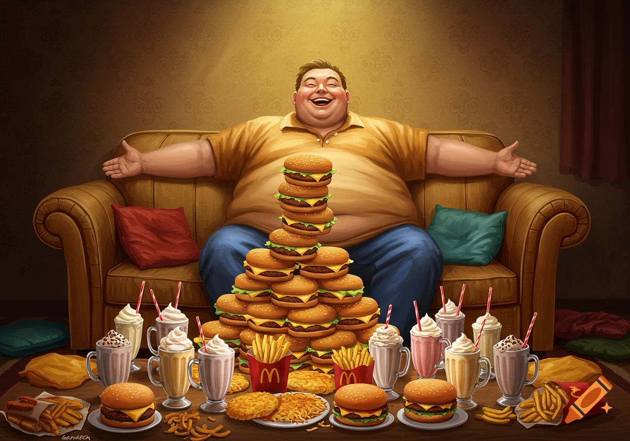 Cartoon illustration of an obese man on a couch, happily surrounded by a huge amount of fast food like burgers, fries, and milkshakes.