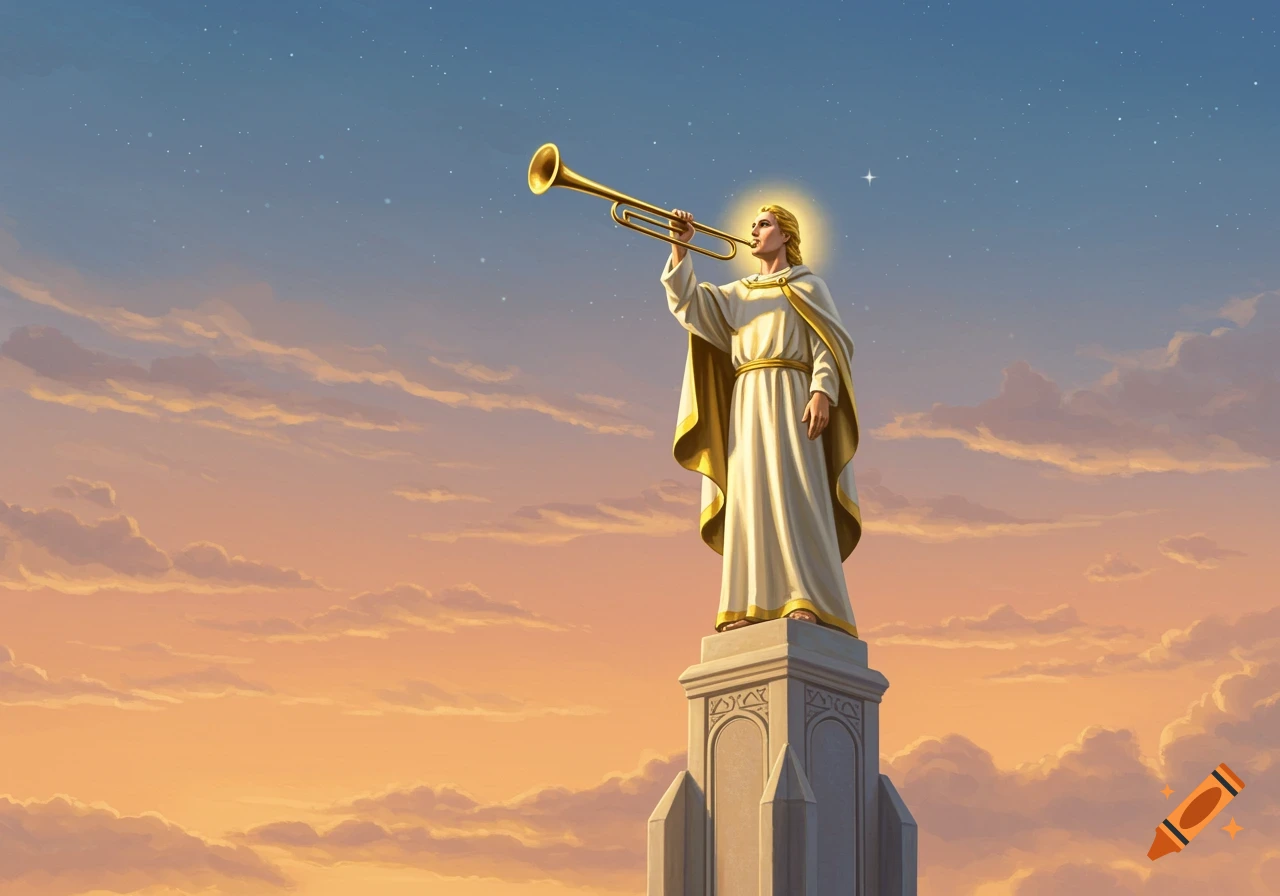 A golden-haired angel with a halo in white robes blowing a golden trumpet atop a stone pedestal against an orange and blue sky.