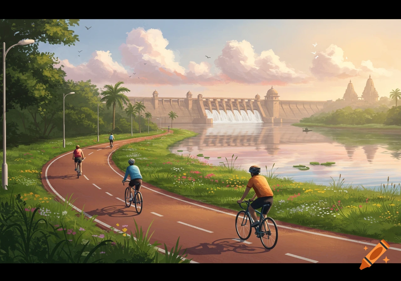 An illustration of people cycling on a paved path next to a river with a large dam and lush green landscape under a cloudy sky.
