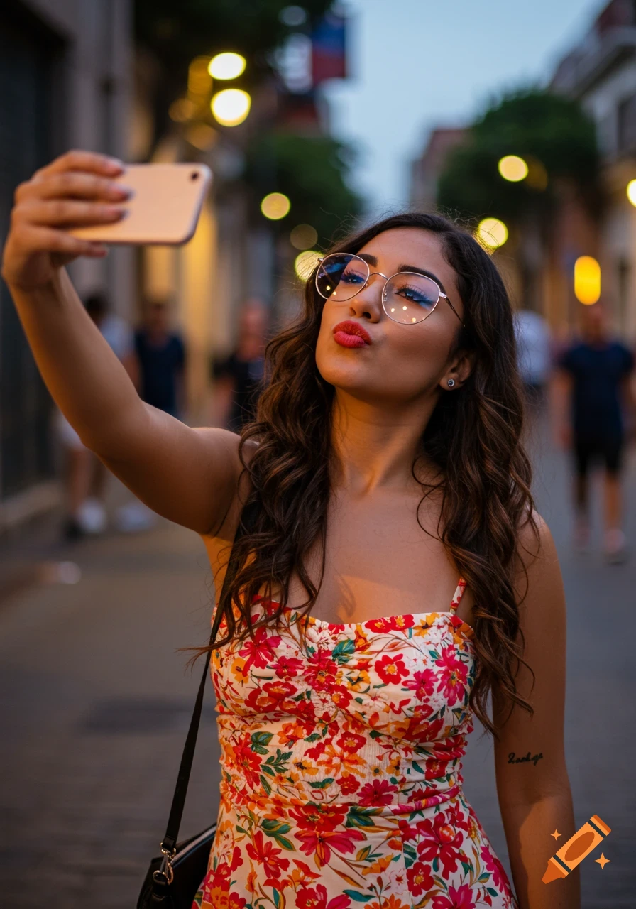 A woman in a floral dress and glasses takes a selfie on a city street at dusk.