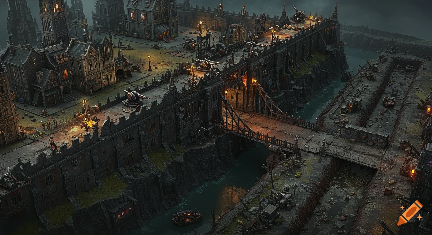 Aerial view of a grim, dark fortified city with tall buildings, a large wall with cannons, a bridge over a moat, and muddy trenches, designed as a tabletop gaming board.