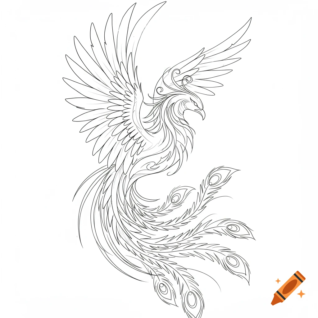 Black and white line art sketch of a majestic phoenix bird with detailed wings and tail feathers, suitable for a tattoo design.