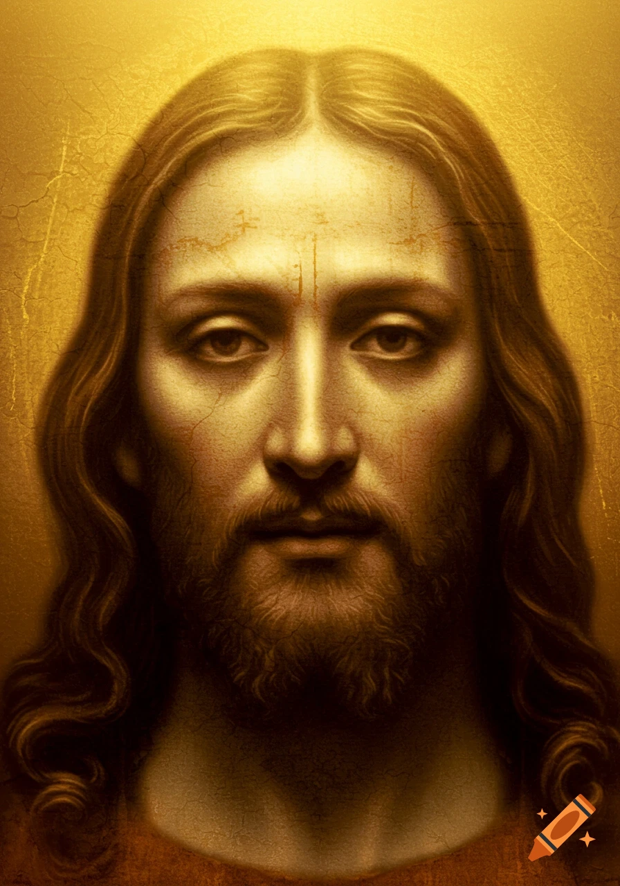 A close-up portrait of Jesus Christ with long hair and a beard against a golden, textured background, resembling an aged religious painting.