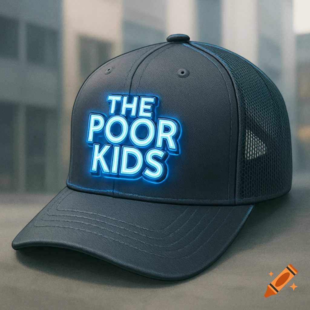 A photorealistic image of a grey baseball cap with 'THE POOR KIDS' in glowing blue neon letters on the front.