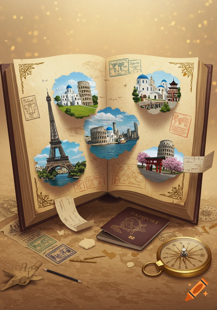 An open vintage travel book displays pop-up images of global landmarks, alongside a passport, compass, and travel mementos on a golden background.