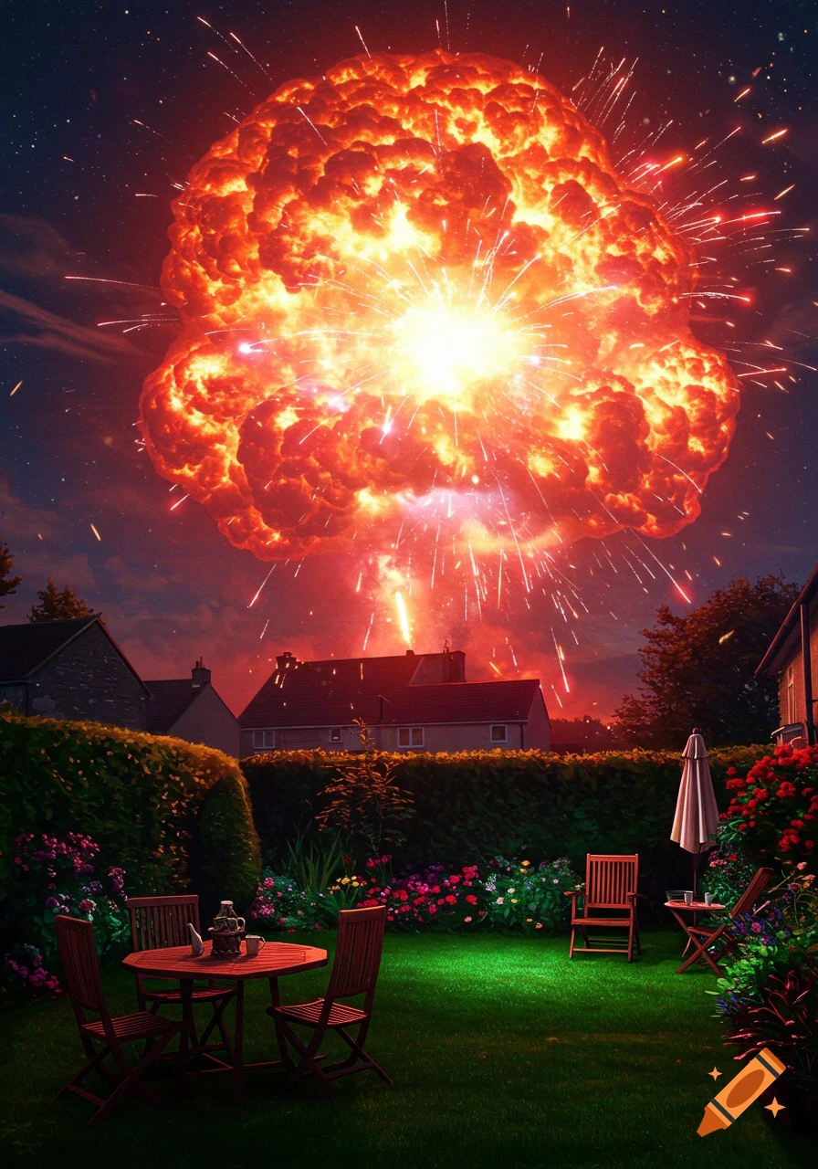 A giant mushroom cloud explosion illuminates a peaceful suburban backyard at night, with patio furniture visible below.