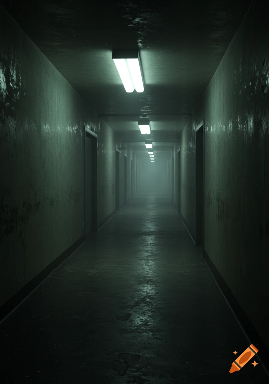 A long, dark, and damp hallway recedes into a misty distance, lit by overhead fluorescent lights.
