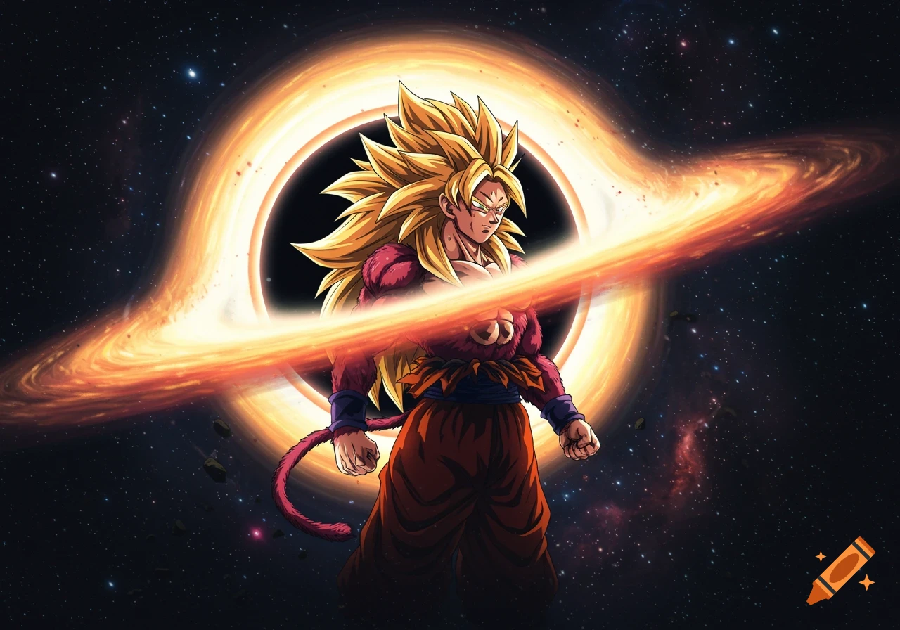 Goku Super Saiyan 4 standing in space with a glowing orange black hole and accretion disk.