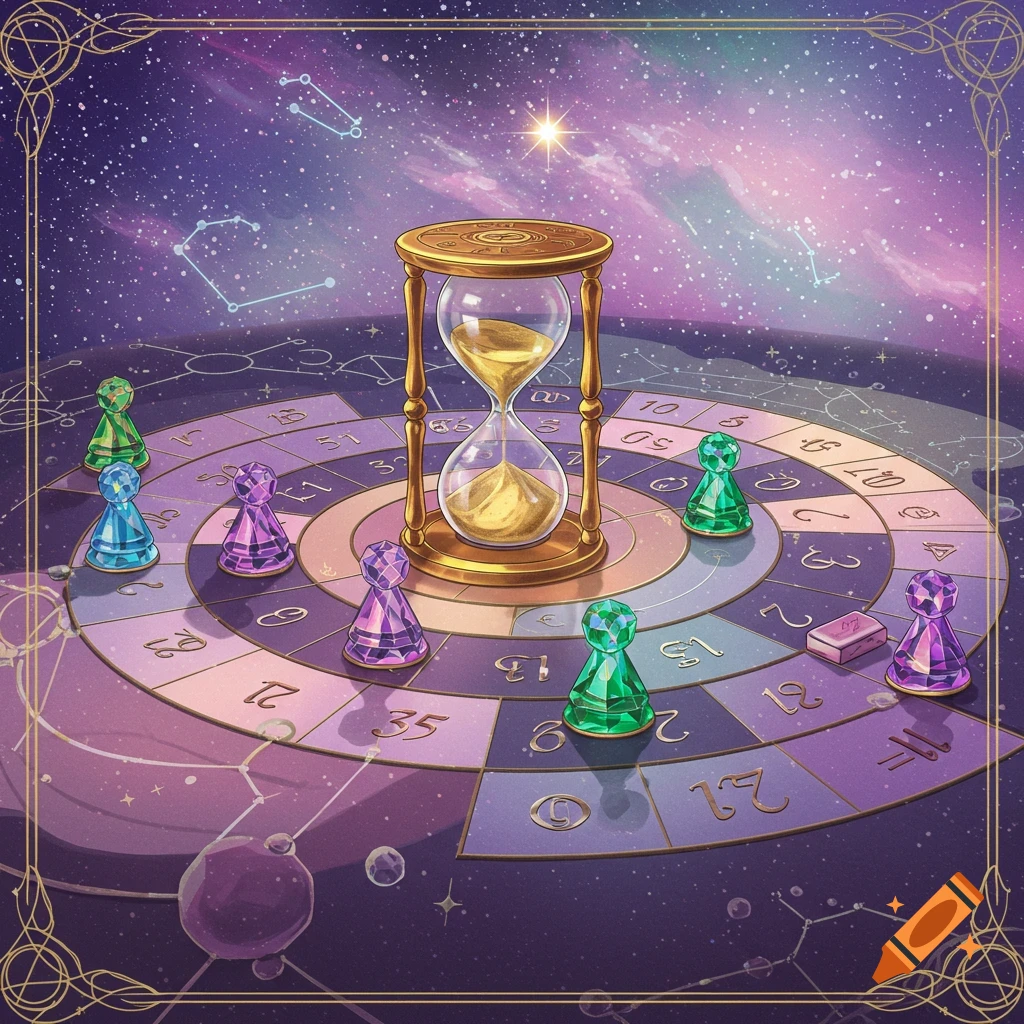 An hourglass sits on a mystical board game surrounded by colorful pawns, set against a backdrop of a vibrant purple and blue starry galaxy.