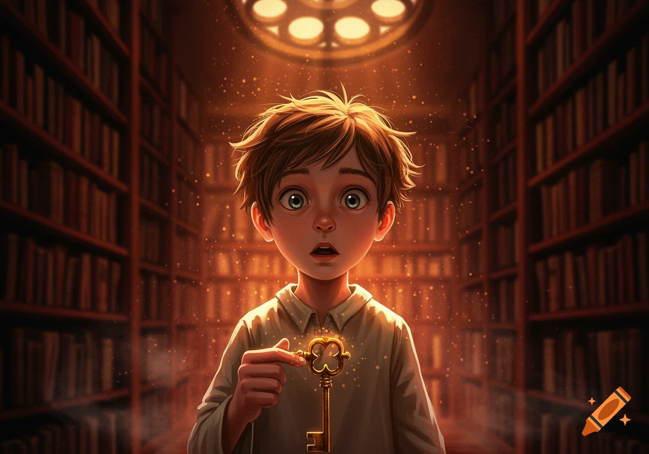 A wide-eyed boy in a magical library holds a glowing golden key, in a warm, detailed illustration style.