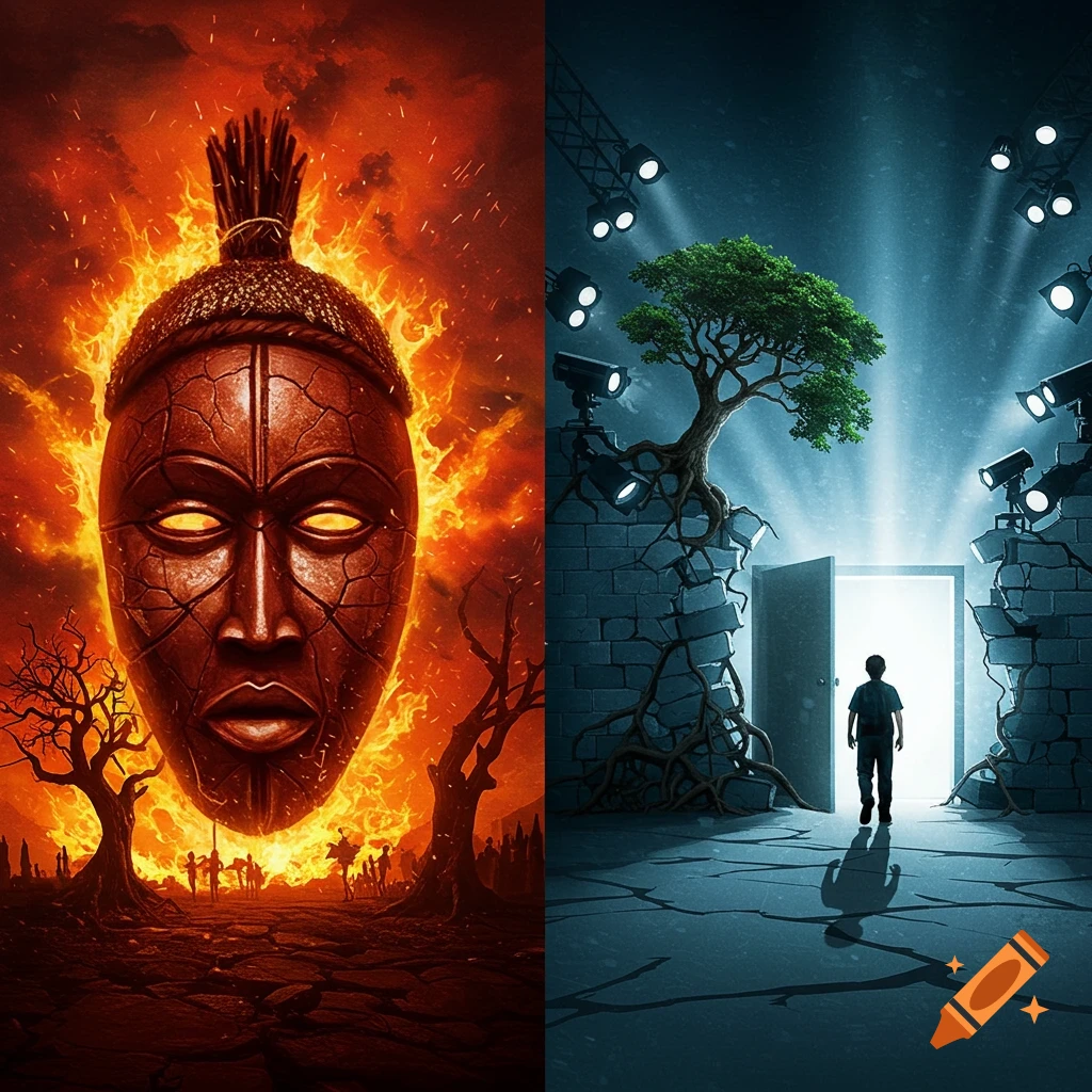 A split image: left shows a fiery tribal mask and burning trees; right shows a person walking to a glowing door surrounded by cameras and a tree.