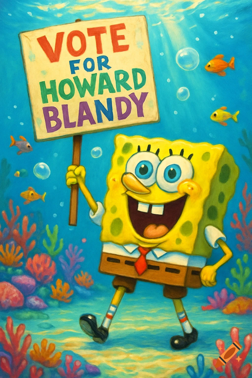 SpongeBob SquarePants underwater, holding a sign that says 'VOTE FOR HOWARD BLANDY'.