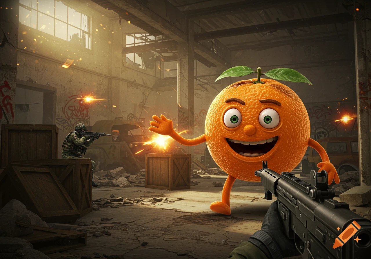 A smiling cartoon orange in a battle scene with soldiers and gunfire in a dilapidated building, styled like a video game.