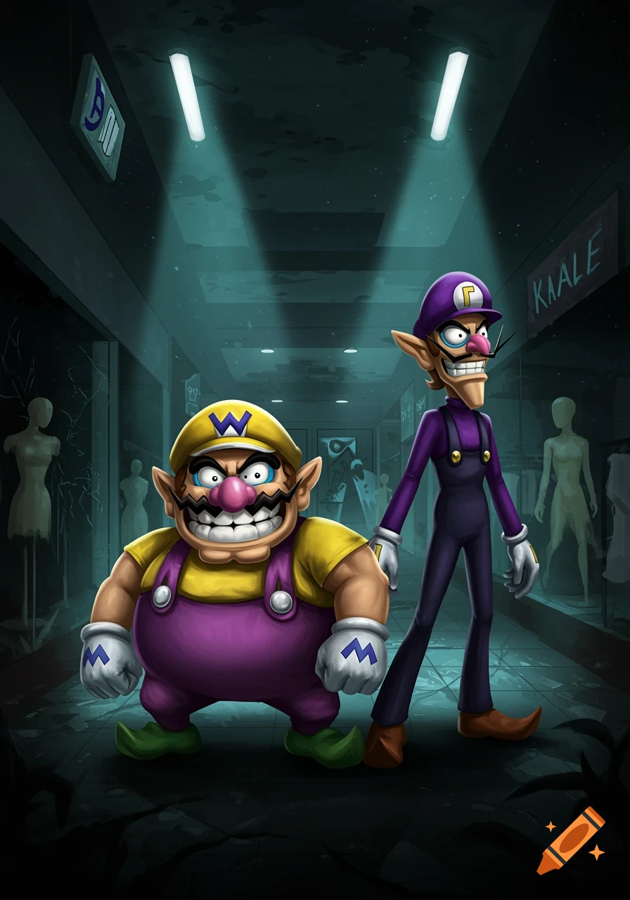 Wario and Waluigi with their signature grins stand in a dimly lit, eerie mall interior with mannequins in the background.