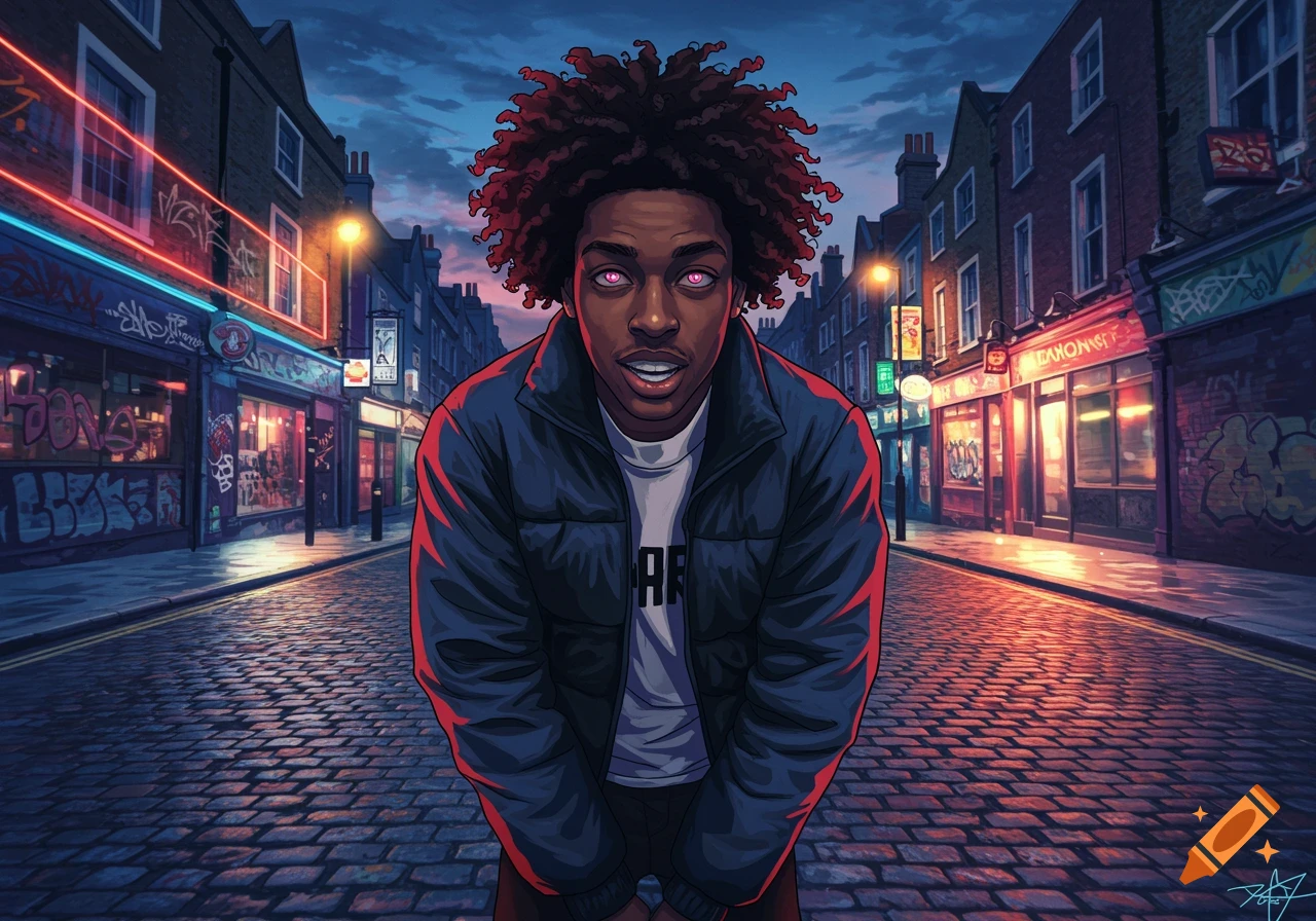 An anime-style portrait of a young Black man with curly dark hair and glowing pink eyes, wearing a dark blue puffer jacket and a white t-shirt, standing on a cobblestone street at dusk. Neon lights and graffiti adorn the buildings behind him.