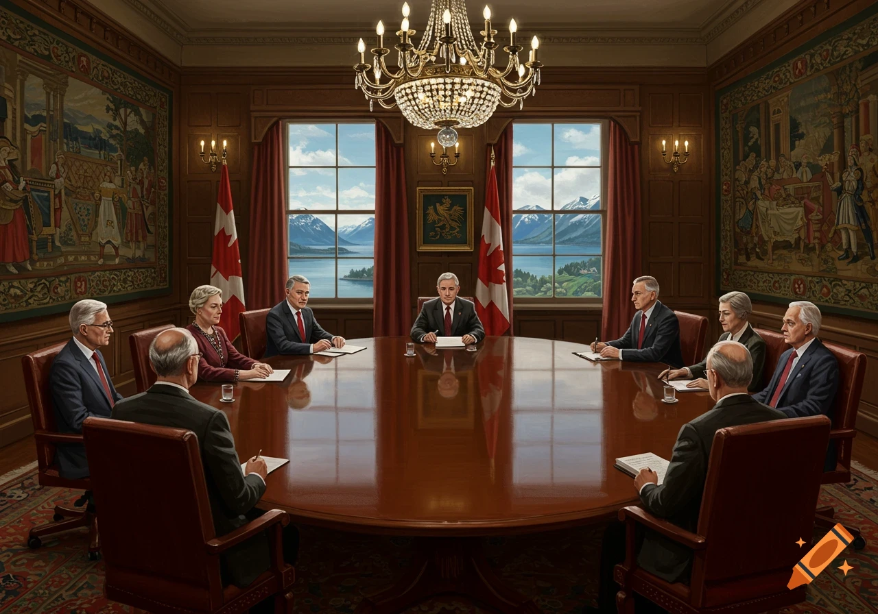 Nine people, likely Canadian premiers, in suits around a formal meeting table. Canadian flags and mountain lake views are visible.