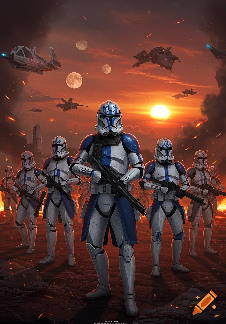 Star Wars 501st Clone Troopers on a battlefield at sunset with spaceships and multiple moons in the sky.