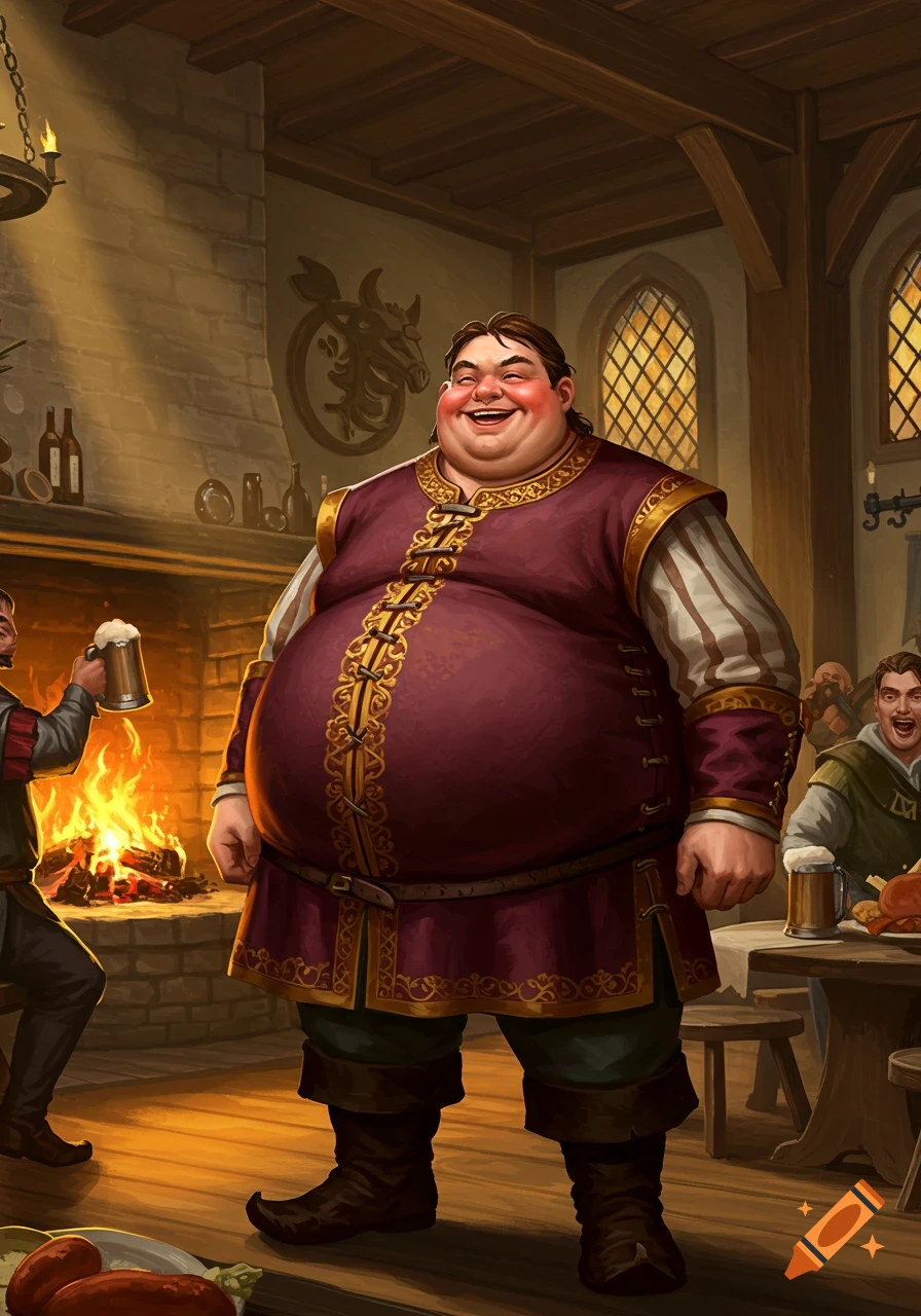 A very large, jovial man in medieval clothing stands smiling in a bustling tavern with a roaring fireplace.