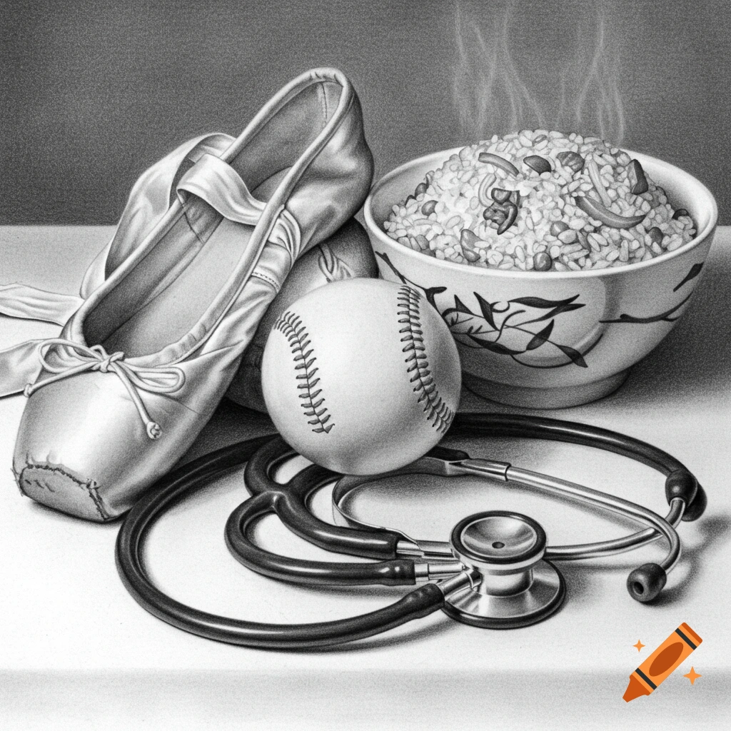 A realistic graphite pencil drawing of a still life featuring a ballet shoe, a baseball, a stethoscope, and a bowl of steaming fried rice.