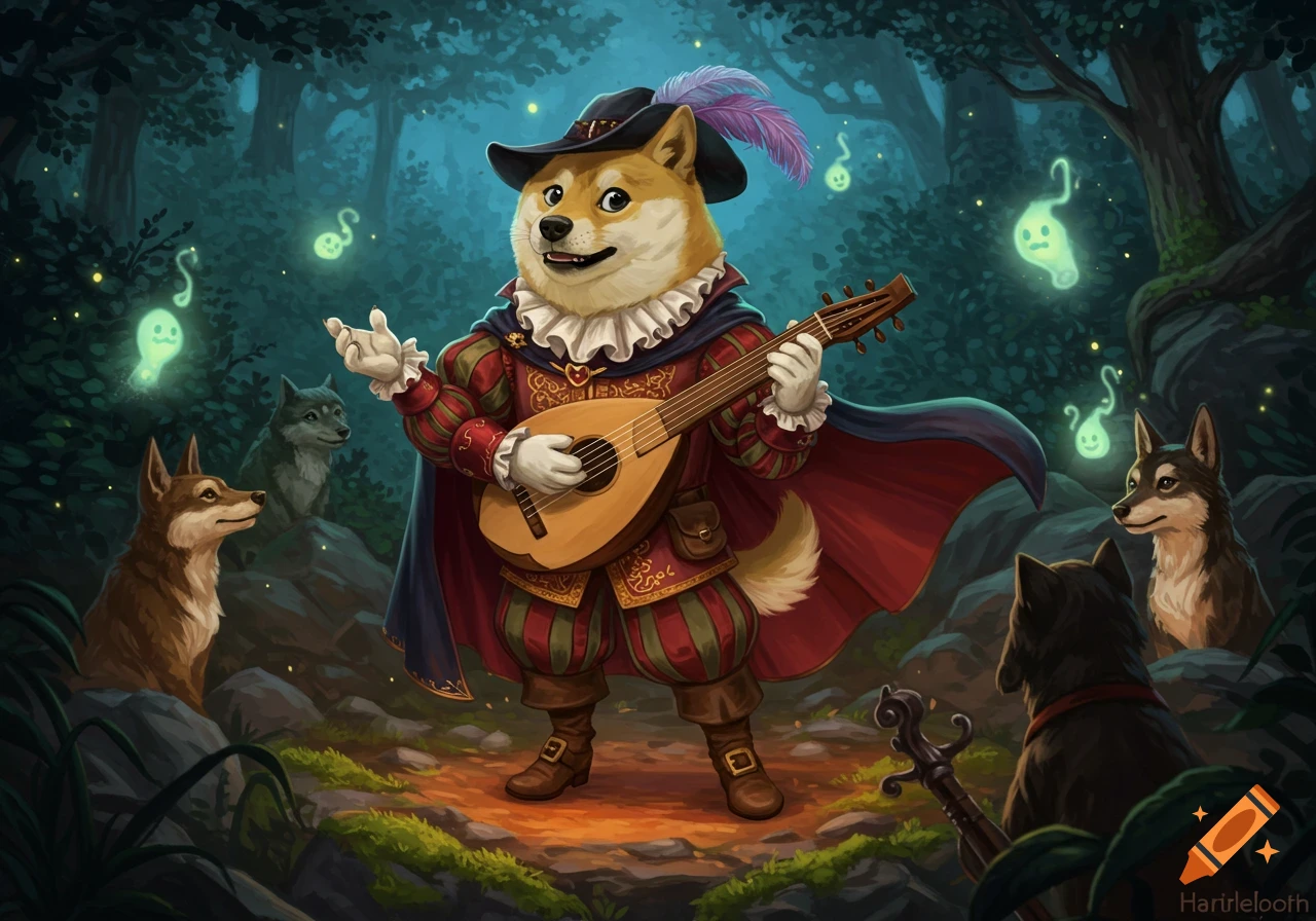 A Shiba Inu dressed as a renaissance bard plays a lute in a magical forest, surrounded by wolves and glowing spirits.
