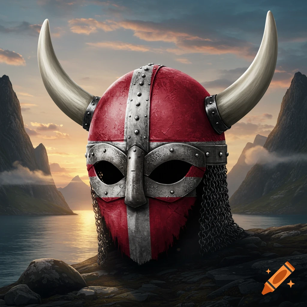 A detailed illustration of a viking helmet painted with the Danish flag colors, set against a sunset over a fjord with mountains.