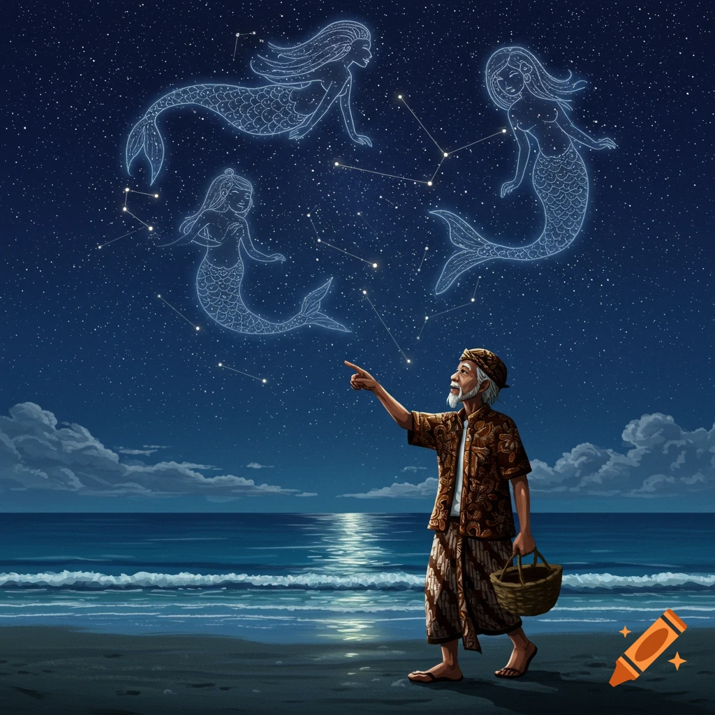 An old man in traditional Indonesian clothing points at glowing mermaid constellations in a dark, starry night sky over a moonlit beach.
