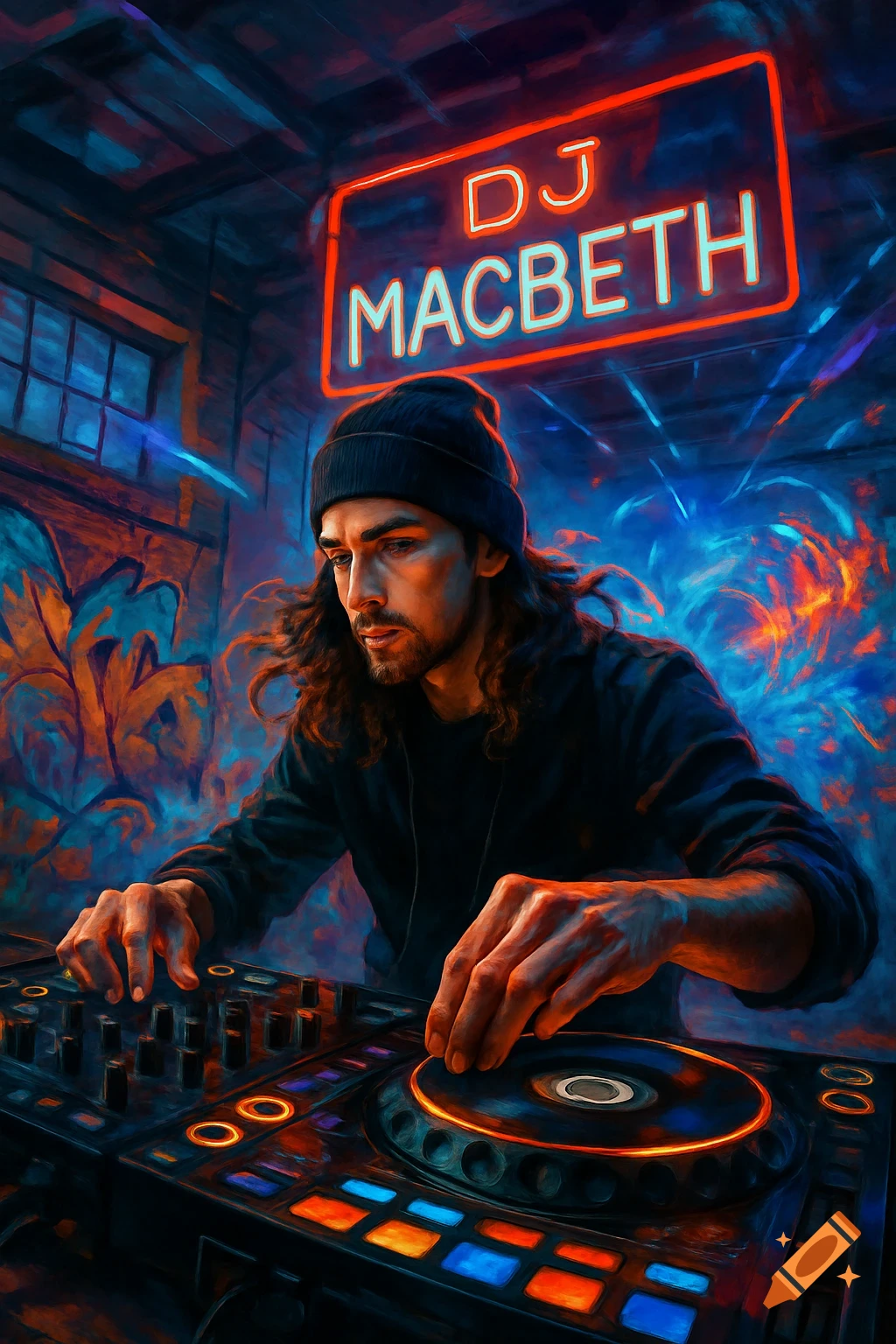 A male DJ with long hair and a beanie cap mixes music at a glowing DJ console under a neon sign "DJ MACBETH" in a club, digital art style.
