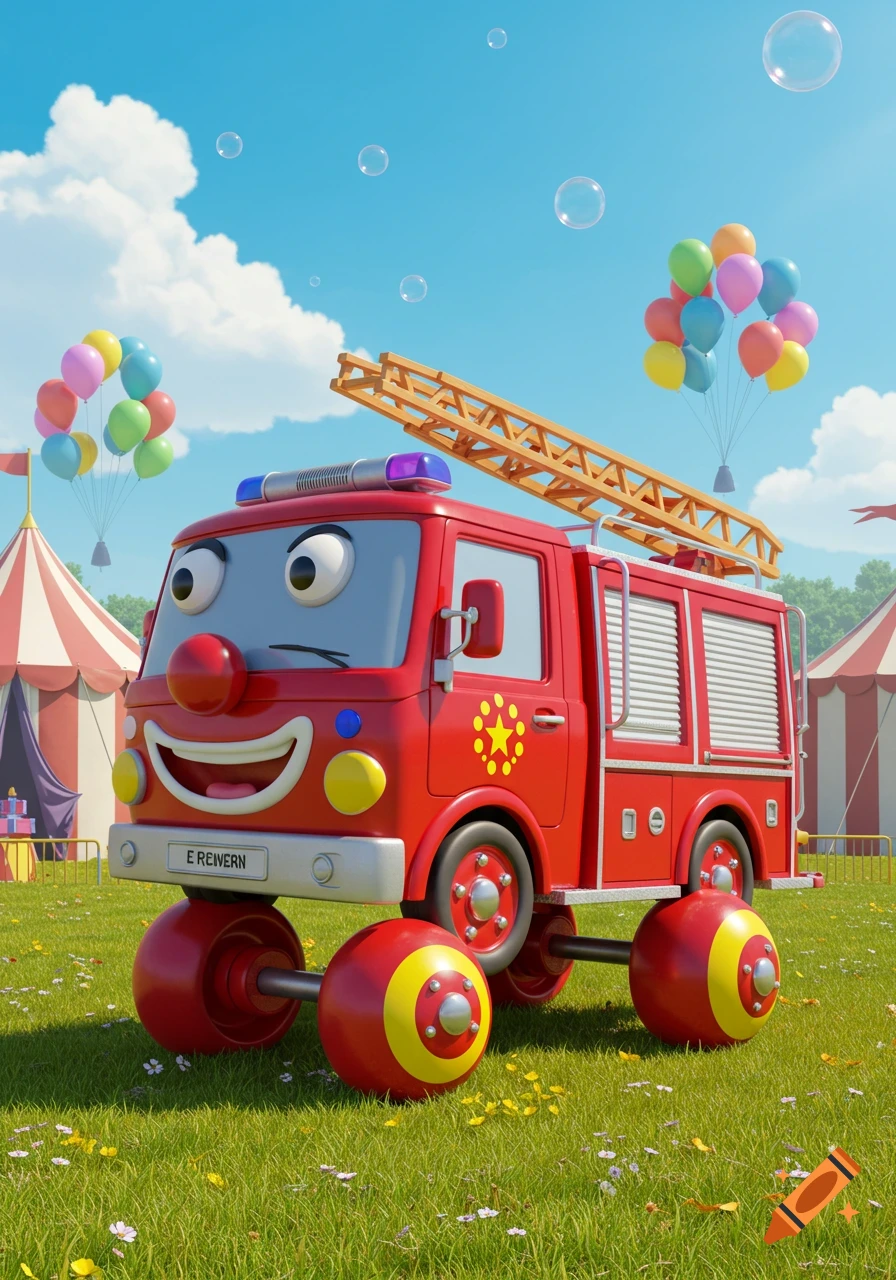 A bright red cartoon clown firetruck with spherical wheels and a ladder sits in a grassy field, with circus tents and colorful balloons under a blue sky.
