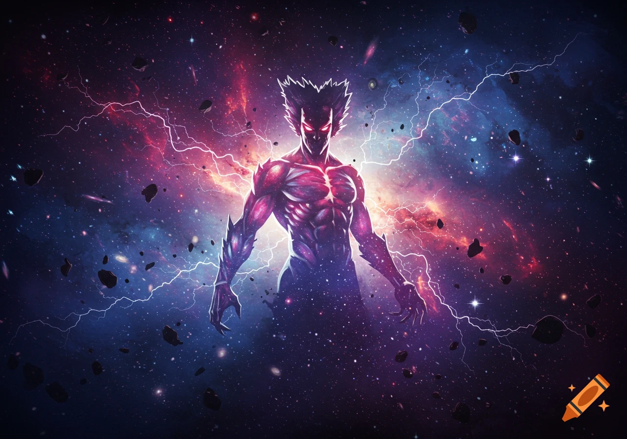 An intense, muscular anime-style character with red glowing eyes and spiky hair, surrounded by swirling cosmic nebula, lightning, and asteroids in deep space.