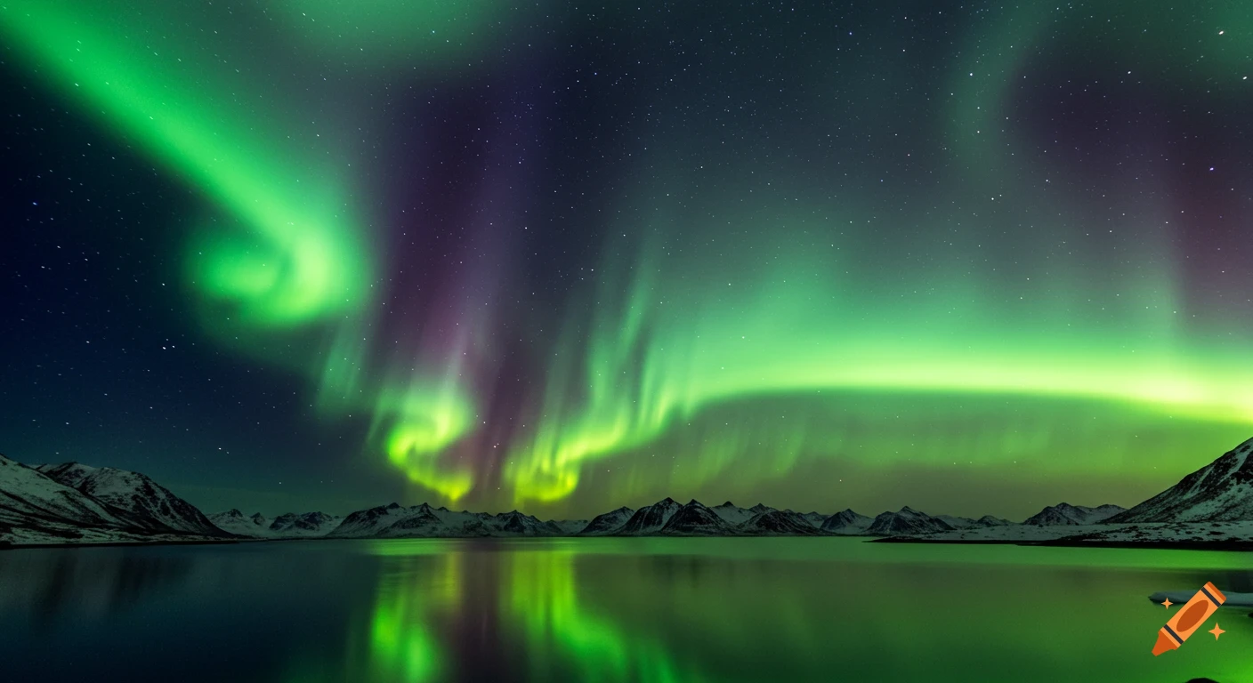 Green and purple aurora borealis lights up a starry night sky above a calm lake reflecting the lights and snow-capped mountains.