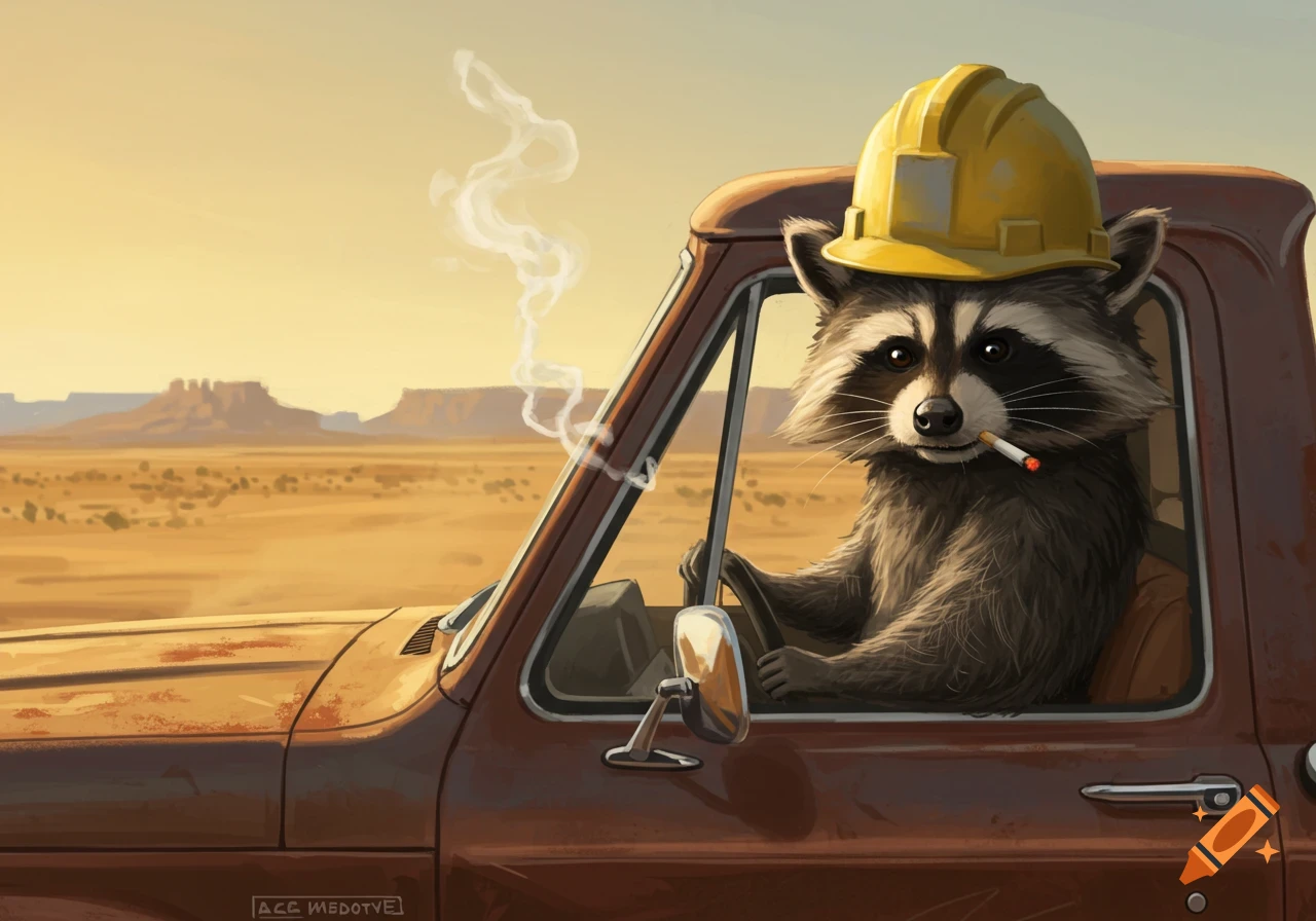 A cartoon raccoon wearing a yellow hard hat smokes a cigarette while driving a brown pickup truck through a sunny desert landscape.